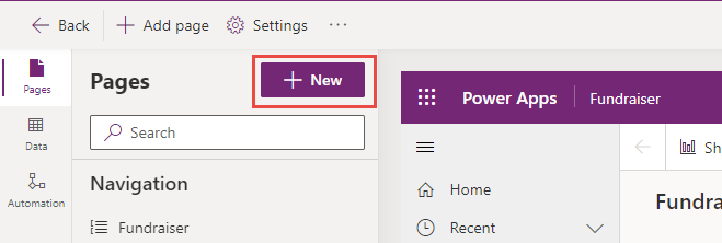 Screenshot of the new page button.