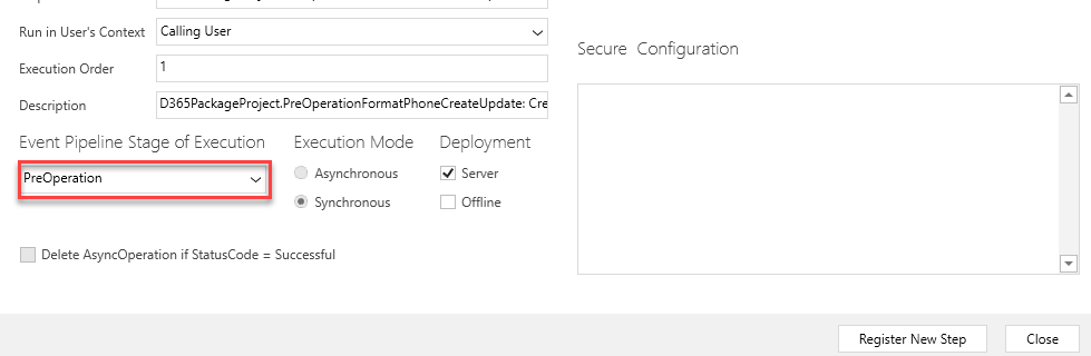 Screenshot of event pipeline stage of execution set as preoperation.