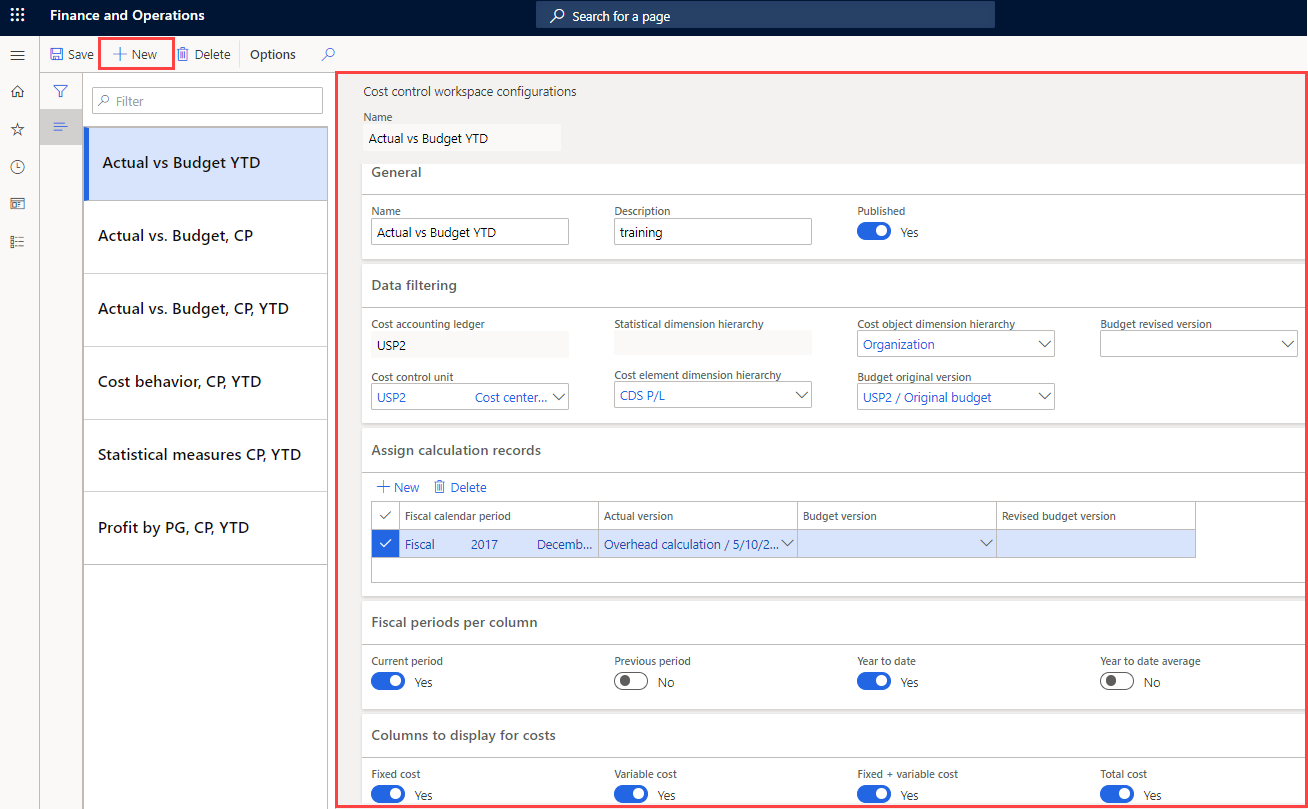Screenshot of the Cost control workspace configurations page.