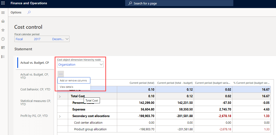 Screenshot of the Cost control page with View details selected.