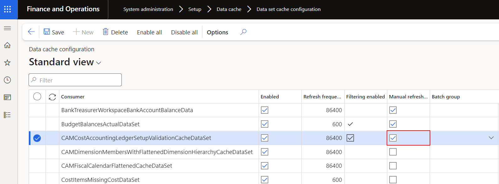 Screenshot of the Data cache configuration page.