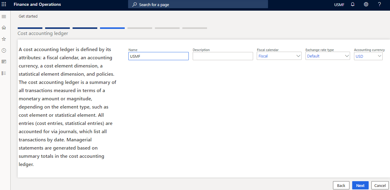 Screenshot of the Cost accounting Get started wizard, showing Default values.