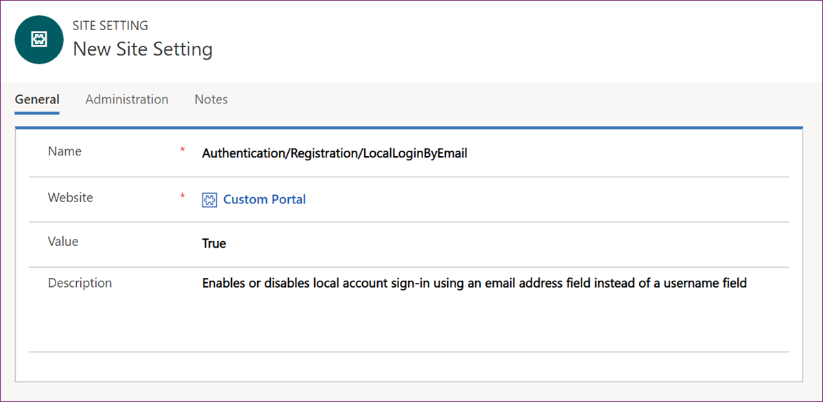 Screenshot of the General tab on the New Site Setting form, showing details filled in and the Value set to True.