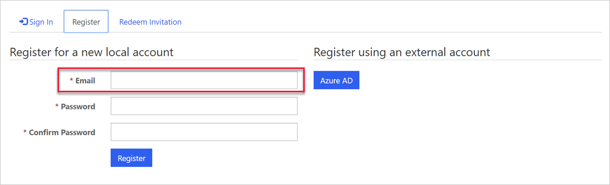 Screenshot of registering with an email address only in a Power Pages website.