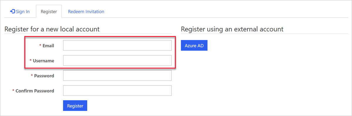 Screenshot of the Register tab in a Power Pages website, showing the Email and Username fields highlighted.