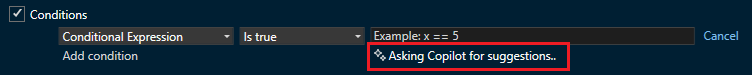 Screenshot of Copilot working on conditional breakpoint suggestions.