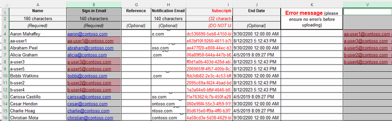 Screenshot of the bulk edit template that shows the columns for all users and the users you want to delete selected. The user names that you want to delete are highlighted. Duplicates highlighted
