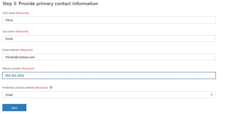 Screenshot of primary contact information dialog. Verify your contact information
