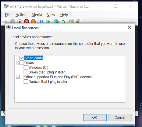 Screenshot of the Local Resources page. In a list of devices, the line for Smart cards is selected.