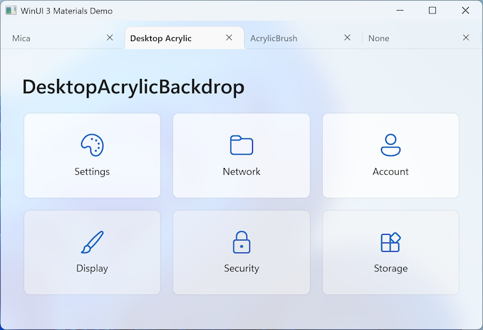 Screenshot of a WinUI 3 app with DesktopAcrylicBackdrop applied, showing a frosted-glass blur of desktop content behind the window.