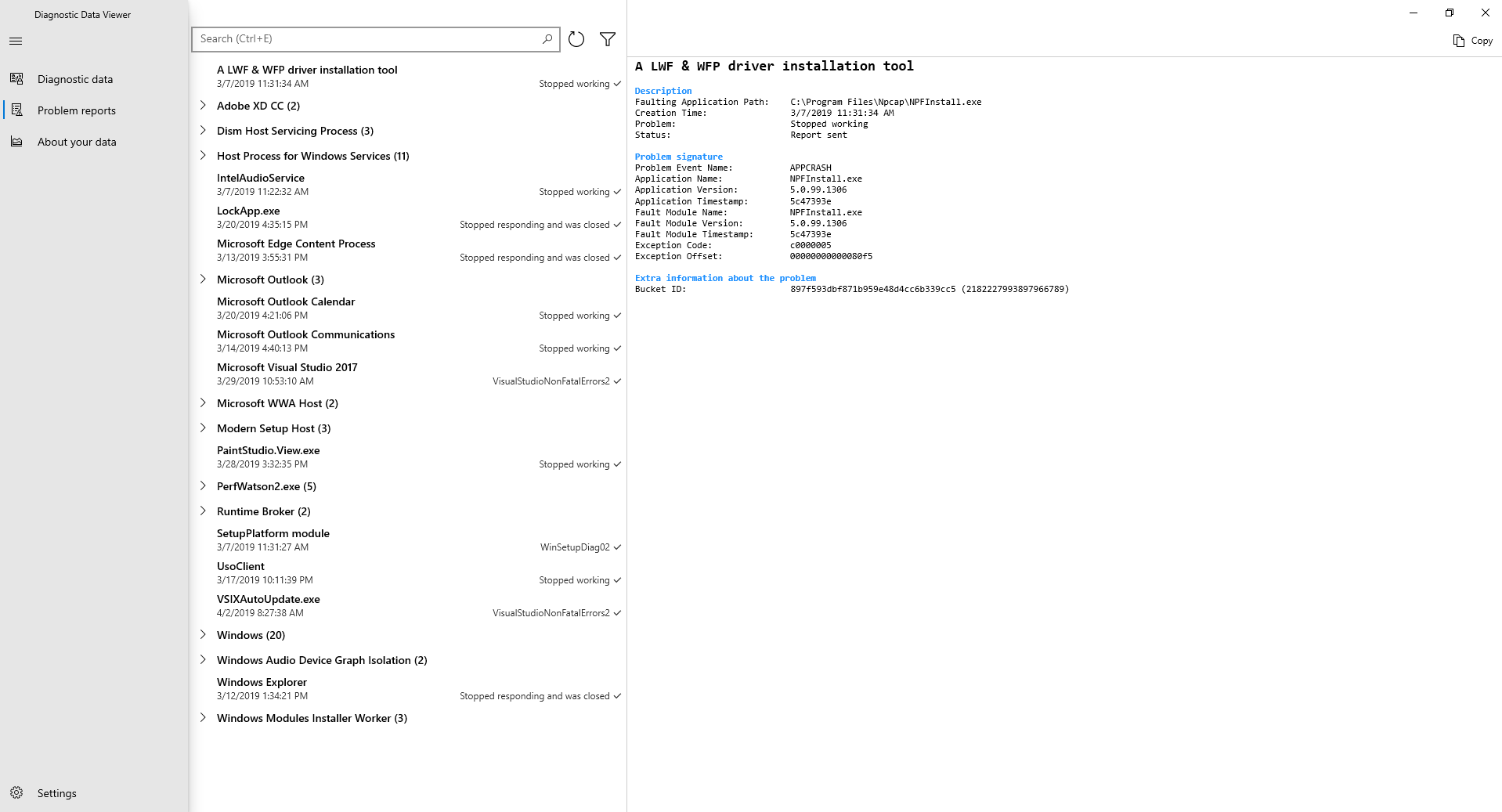 Alates Windowsi versioonist 1809 ja hilisemates versioonides ning opsüsteemis Windows 11 saate diagnostikaandmete vaaturis vaadata Windowsi tõrketeavituse diagnostikaandmeid.