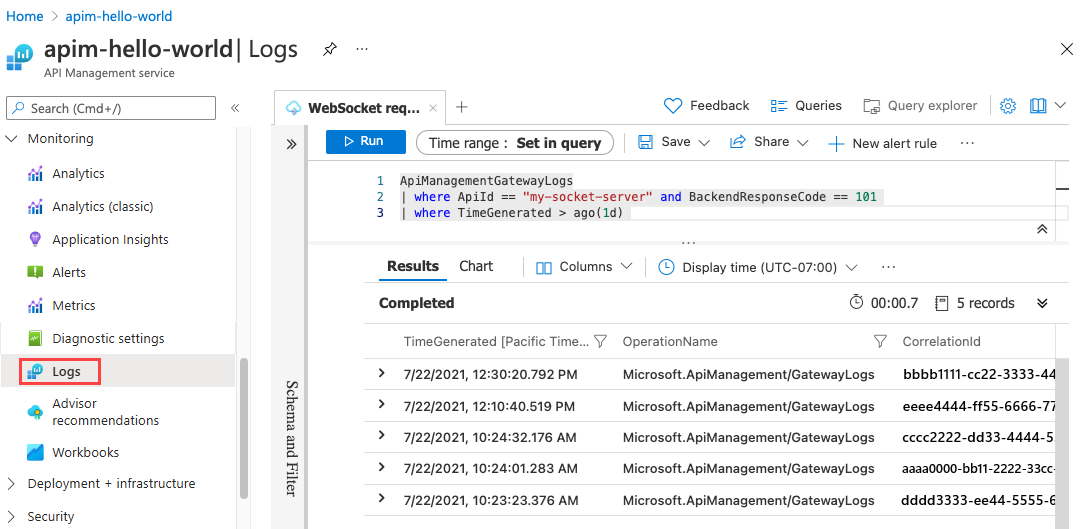 Captura de pantalla que muestra los registros de consulta para las solicitudes de API de WebSocket.
