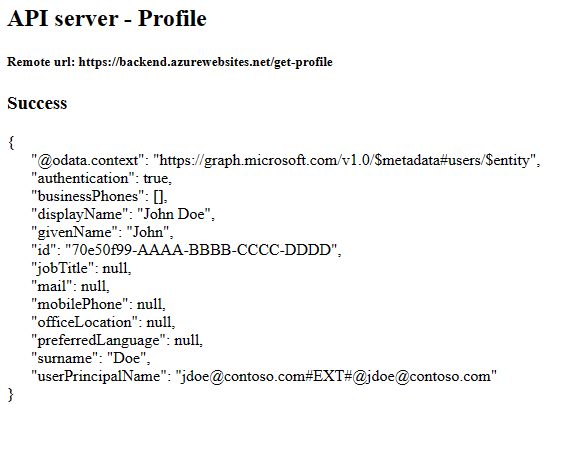 Recorte de pantalla del explorador web que muestra la aplicación de front-end después de obtener correctamente un perfil real de la aplicación de back-end.