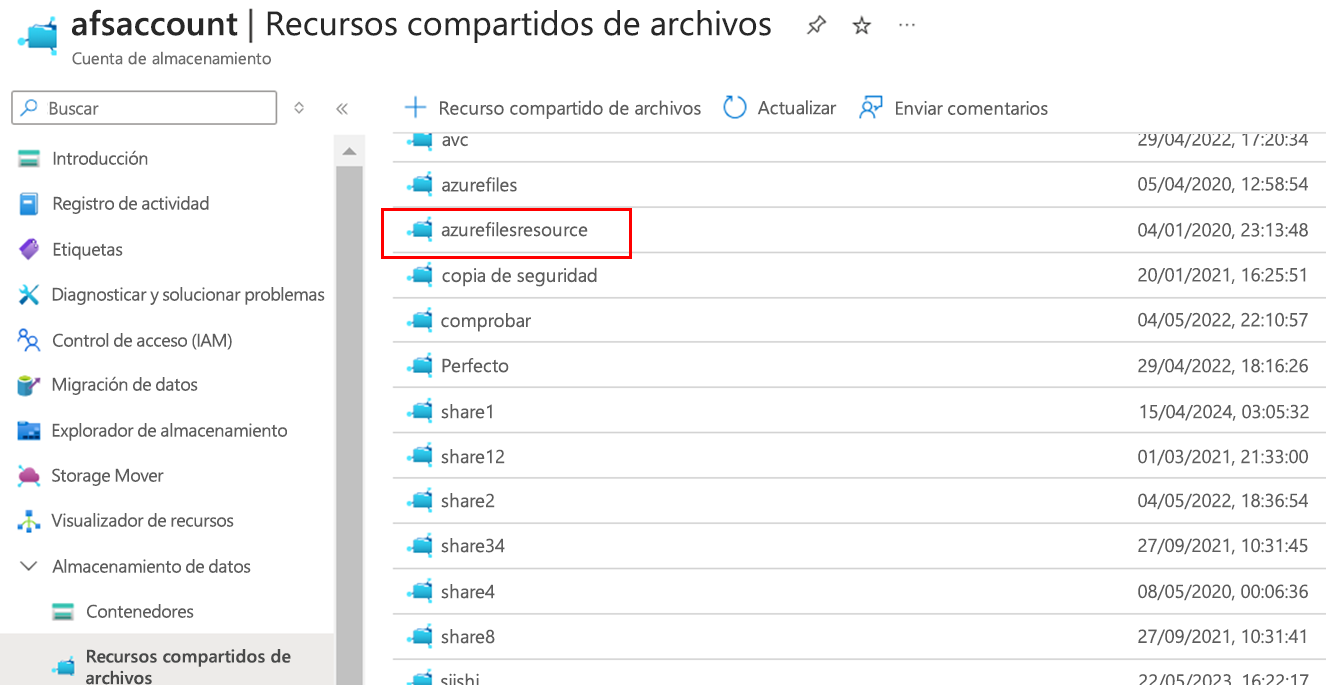 Captura de pantalla en la que se muestra la lista Recursos compartidos de archivos.