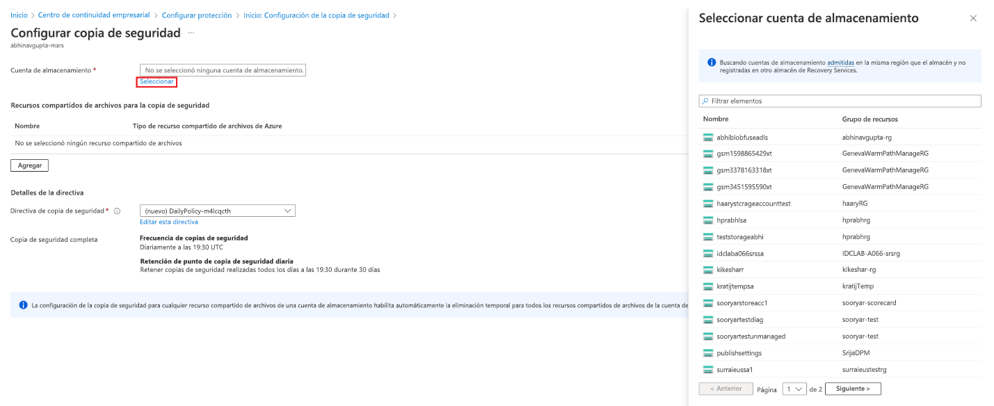 Captura de pantalla en la que se muestra la selección de una cuenta de almacenamiento.
