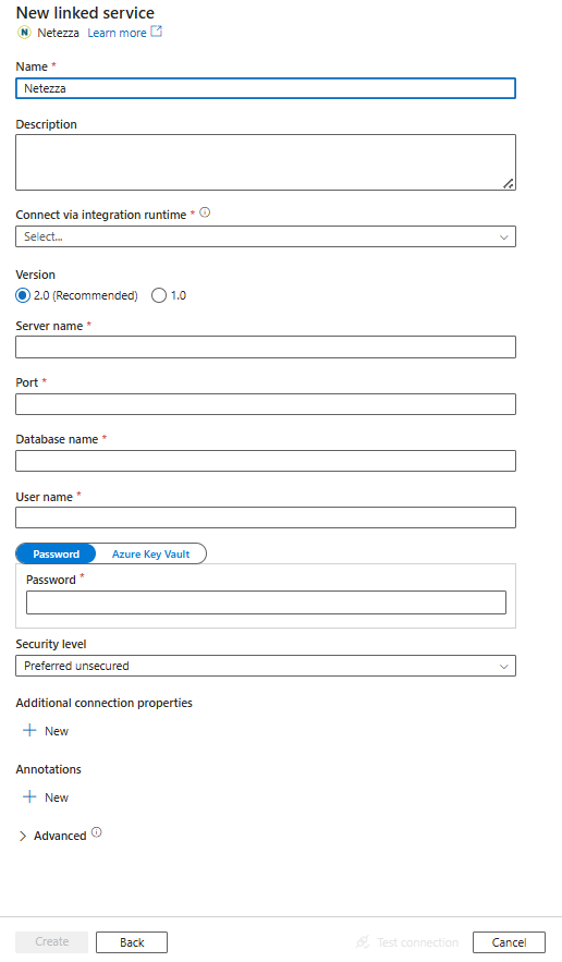 Recorte de pantalla de la configuración del servicio vinculado para Netezza.
