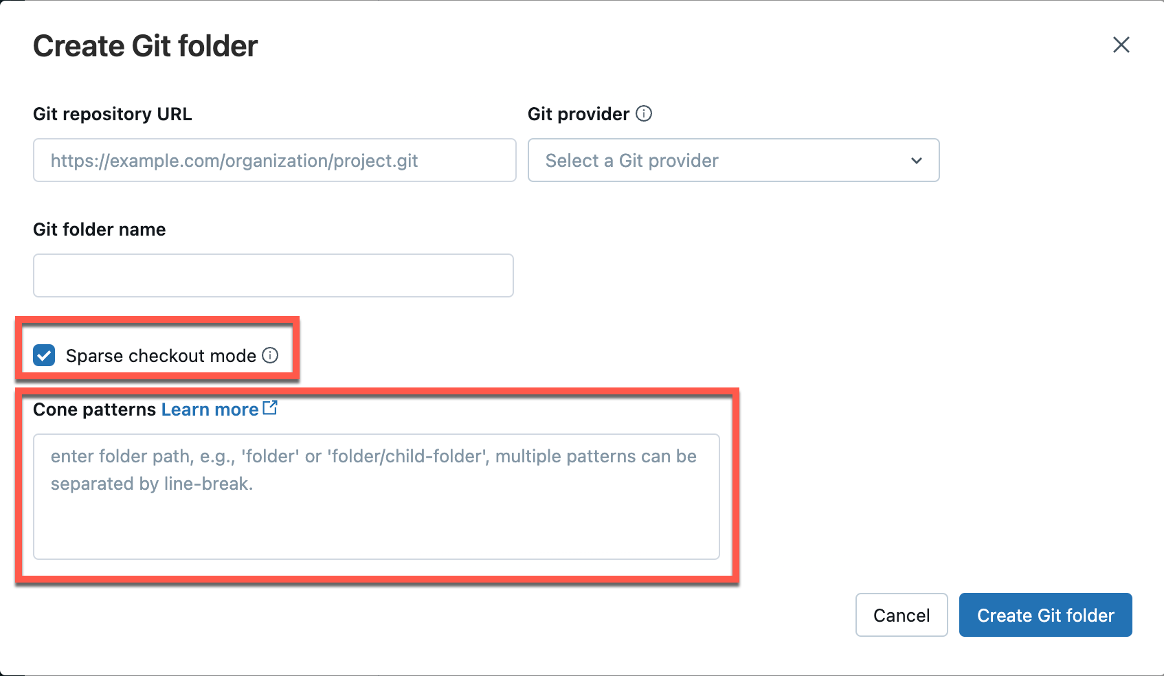 Opción de checkout sparse en el cuadro de diálogo Agregar carpeta Git.