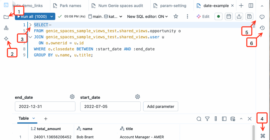 Captura de pantalla que muestra el editor de SQL con llamadas etiquetadas como se indica en el texto.