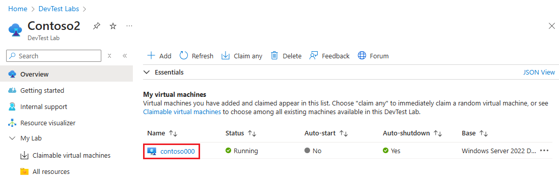 Captura de pantalla que muestra la máquina virtual reclamada en la lista Mis máquinas virtuales.