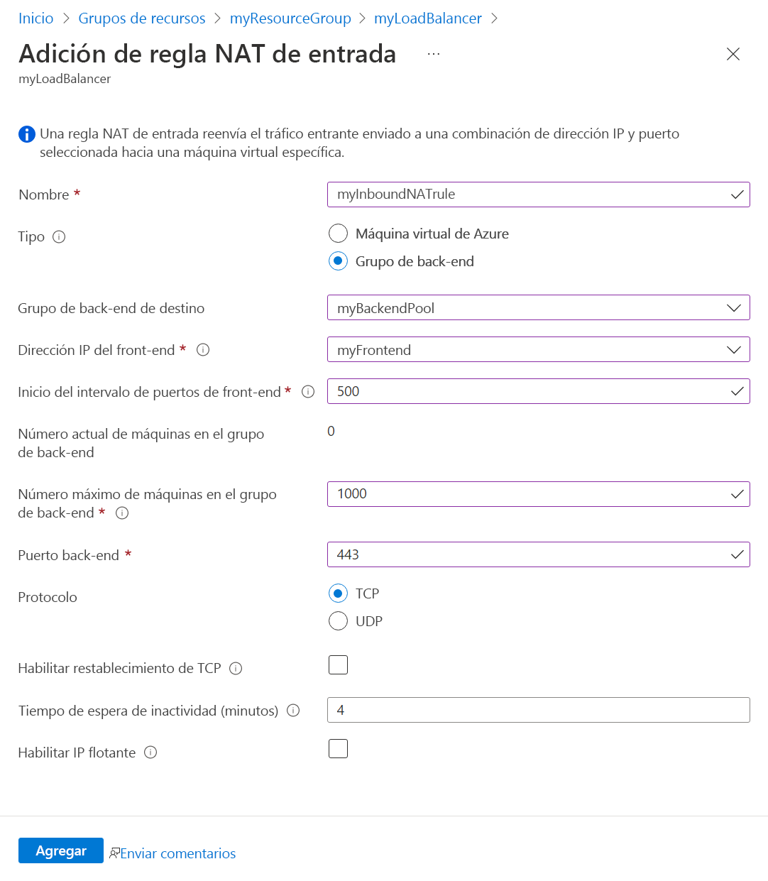 Captura de pantalla de la interfaz de configuración de reglas NAT entrantes para varias máquinas virtuales que muestra el rango de puertos front-end y la configuración del grupo de back-end.