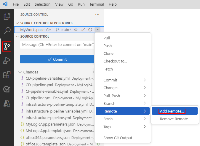 Captura de pantalla que muestra Visual Studio Code, la ventana de control de código fuente y la opción seleccionada denominada Agregar remoto.