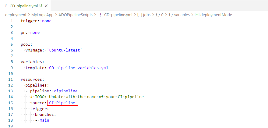 Captura de pantalla que muestra Visual Studio Code, la ventana de control de código fuente, el archivo CD-pipeline.yml abierto y el campo de origen resaltado para el nombre de la canalización de CI.