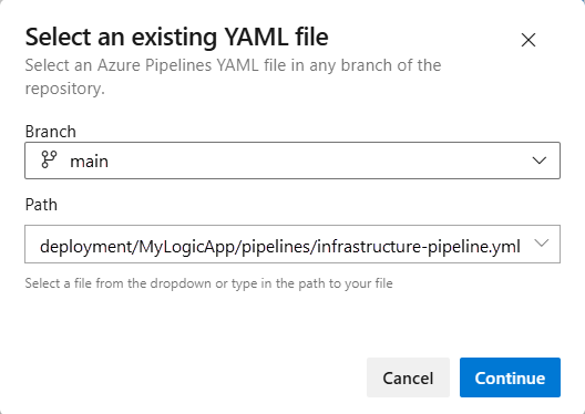 Captura de pantalla que muestra el panel Seleccionar un archivo YAML existente.