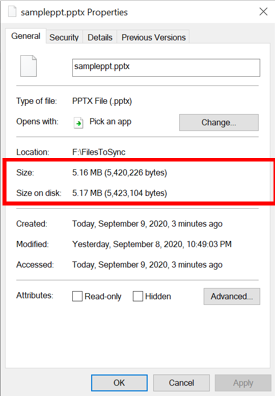 Captura de pantalla de las propiedades de un archivo cuando no está almacenado por niveles (espacio de nombres + contenido del archivo).