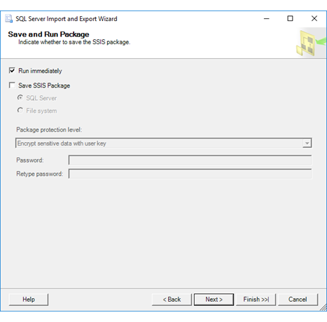 Save and run package page of the Import and Export Wizard Página Guardar y ejecutar el paquete del Asistente para importación y exportación