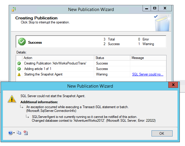 Advertencia de que el Agente de instantáneas no se pudo iniciar