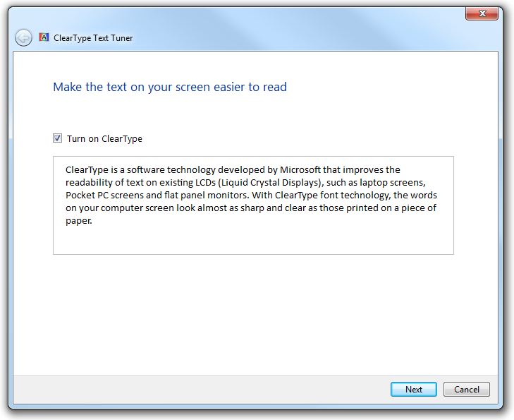 captura de pantalla del Asistente para cleartype, 