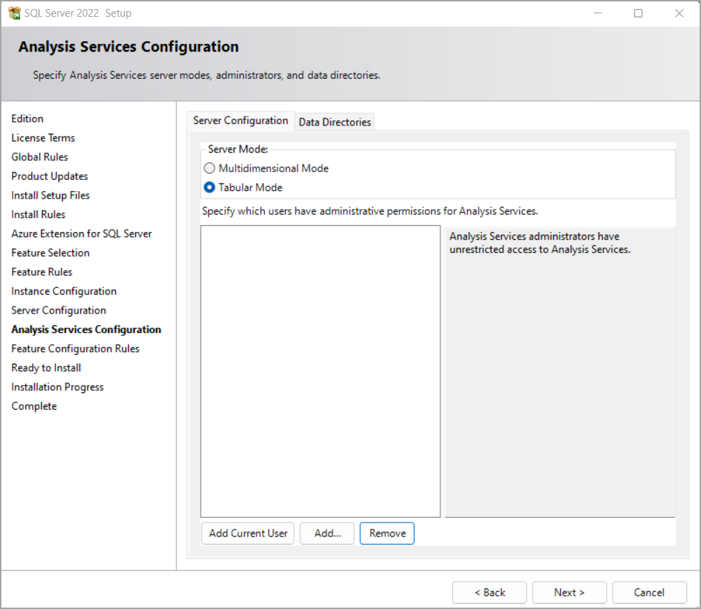 Página de configuración de Servicios de Análisis con opciones de configuración