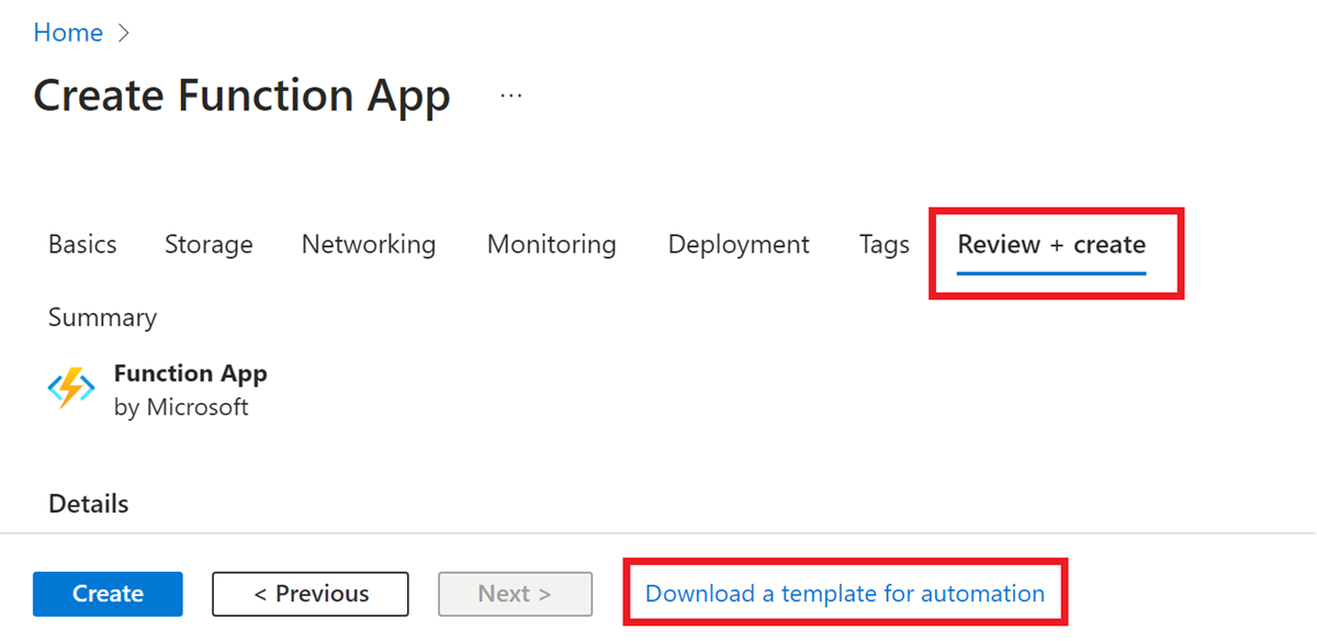 Descarga el vínculo de la plantilla del proceso de creación de Azure Functions en el portal de Azure.