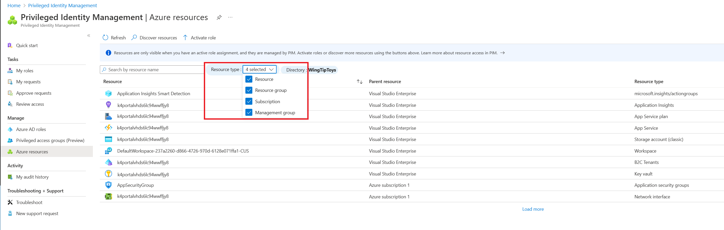 Captura de pantalla que muestra una lista de los recursos de Azure detectados en Privileged Identity Management.