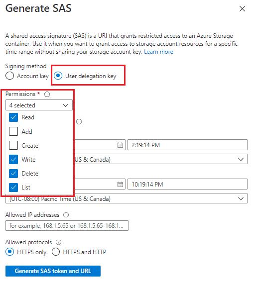 Captura de pantalla que muestra los campos de permisos de SAS en Azure Portal.