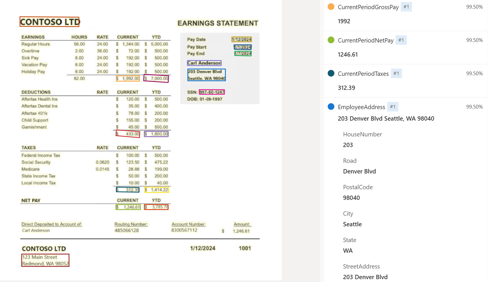 Recorte de pantalla del análisis de modelos de recibo de pago con Document Intelligence Studio.