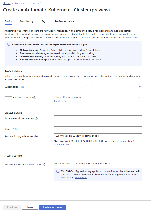 Captura de pantalla de la pestaña Crear: aspectos básicos de un clúster de AKS Automatic en Azure Portal.