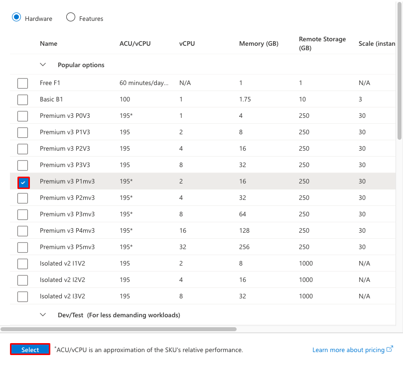 Imagen que muestra la página Explorar planes de precios con un plan Premium v3 seleccionado.