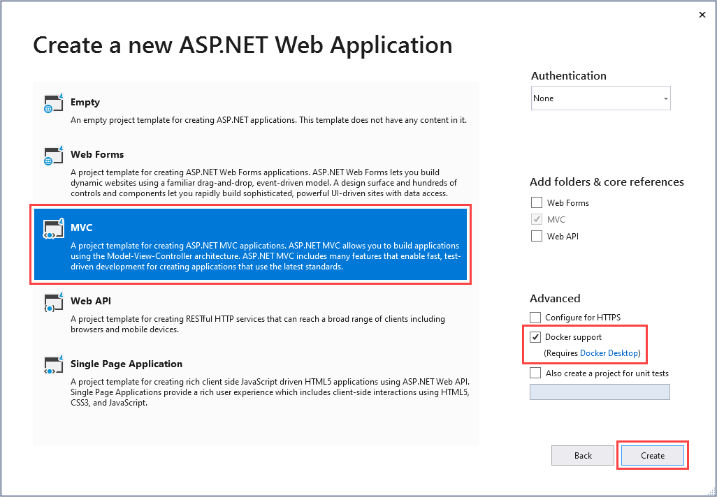 Captura de pantalla del cuadro de diálogo Creación de una aplicación web ASP.NET.