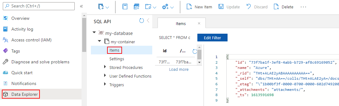 Verificar que se ha creado un nuevo documento en el contenedor de Azure Cosmos DB