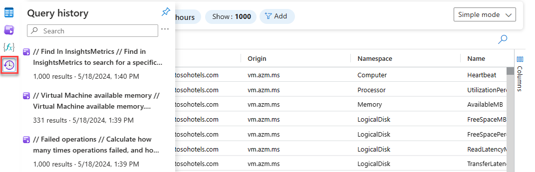 Captura de pantalla que muestra el historial de consultas en Log Analytics.