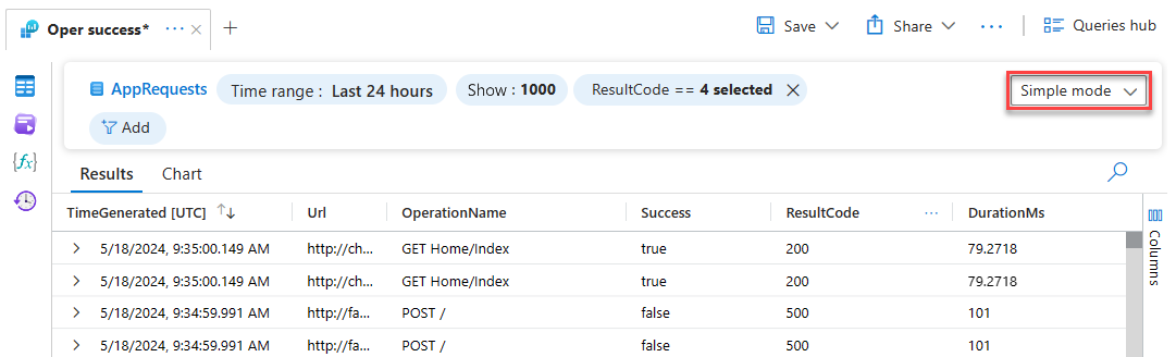 Captura de pantalla que muestra cómo alternar entre el modo simple y el modo KQL en Log Analytics.