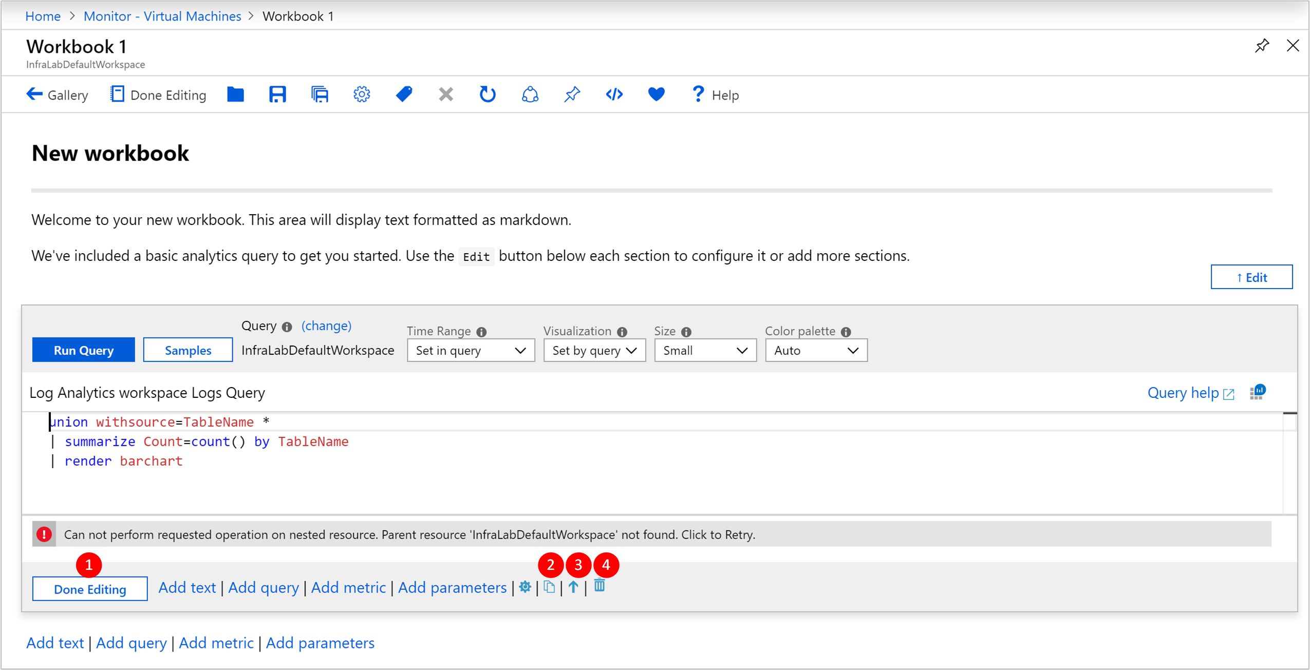 Captura de pantalla que muestra la sección Libro de Virtual Machines en Azure Monitor, donde se muestra un nuevo libro en el modo de edición con los controles de edición resaltados.