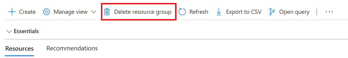 Captura de pantalla que resalta el botón Eliminar grupo de recursos.