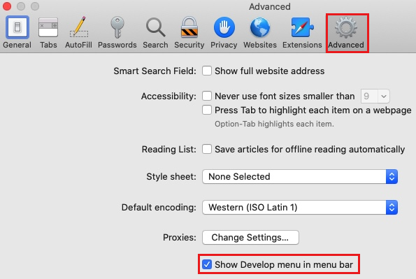 Captura de pantalla de las opciones de preferencias avanzadas de Safari.