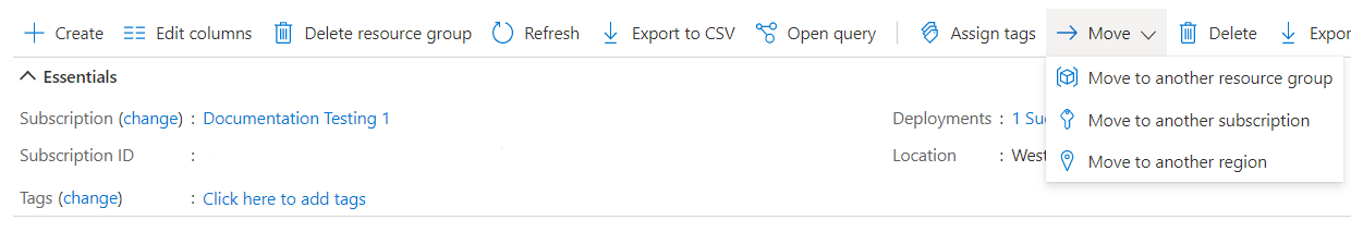 Captura de pantalla de Azure Portal que muestra el botón Mover con tres opciones.