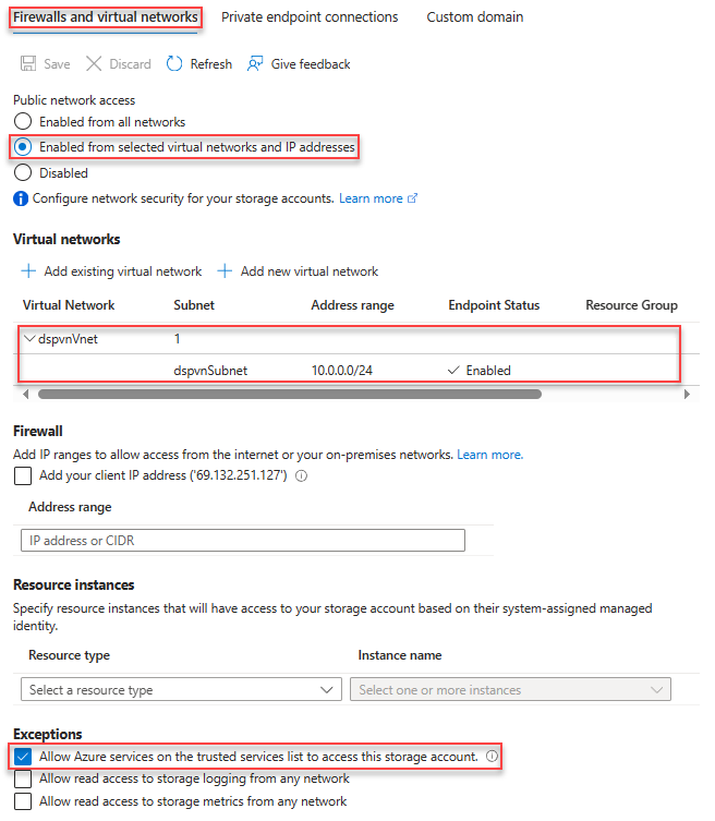 Captura de pantalla de la configuración de la cuenta de almacenamiento para acceder a la red privada.