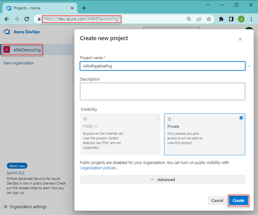 Screenshot of creating an Azure DevOps project for Azure Resource Manager Azure DevOps Azure Pipelines.