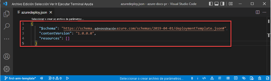 Captura de pantalla de Visual Studio Code mostrando una plantilla ARM vacía con estructura JSON en el editor.