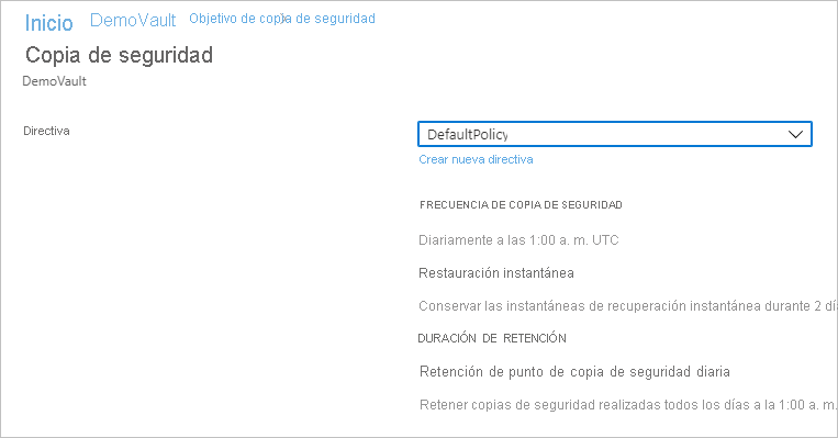 Captura de pantalla que muestra las opciones y los detalles de una directiva de copia de seguridad.